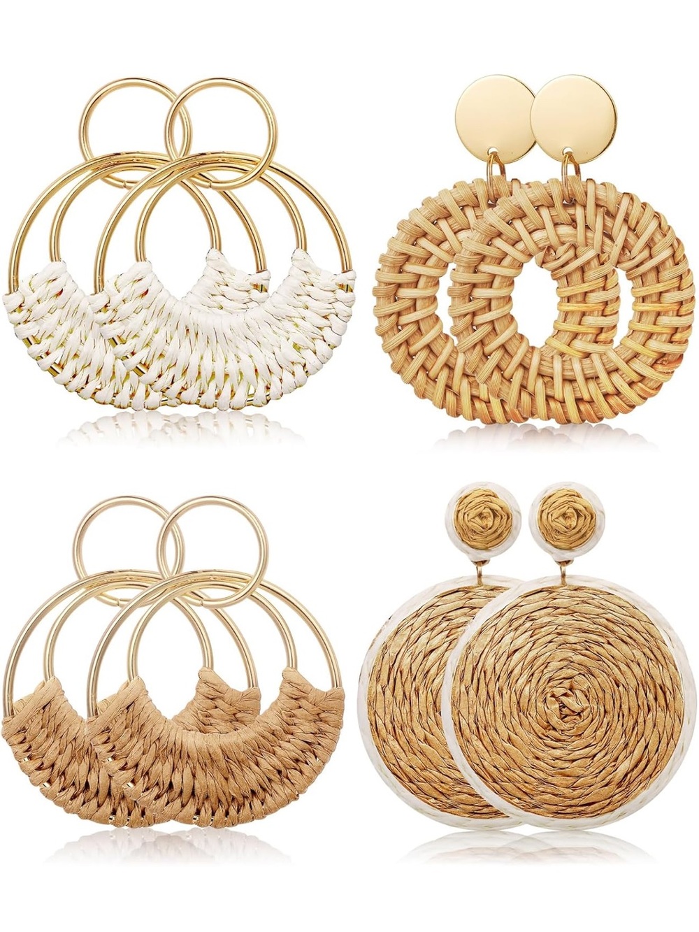 Boho Beach Woven Hoop Earrings Set - Natural/White